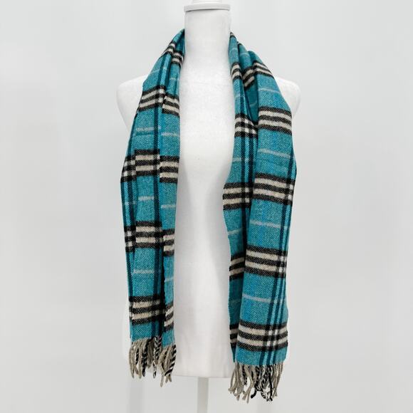 Burberry Scarf Lambswool Authentic Wool Blue Plaid Nova Check Winter Fringe Tan - Picture 2 of 9
